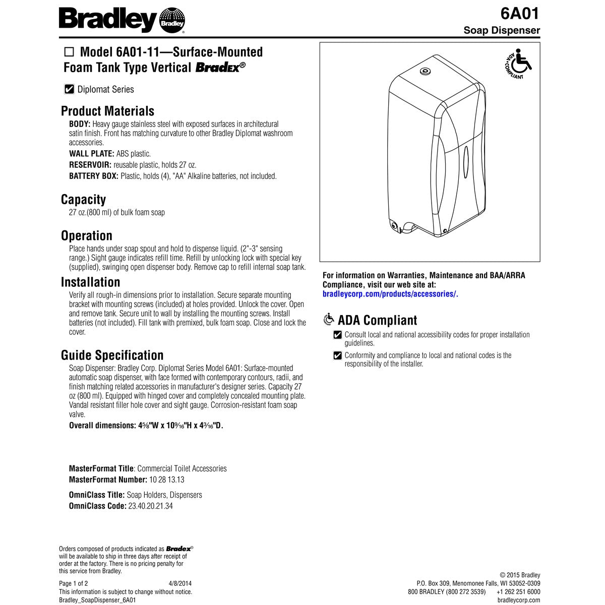 Bradley 6A01-11 Automatic Foam Soap/Sanitizer Dispenser, Surface Mount