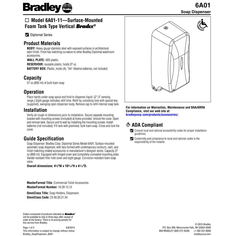 Bradley 6A01-11 Automatic Foam Soap/Sanitizer Dispenser, Surface Mount