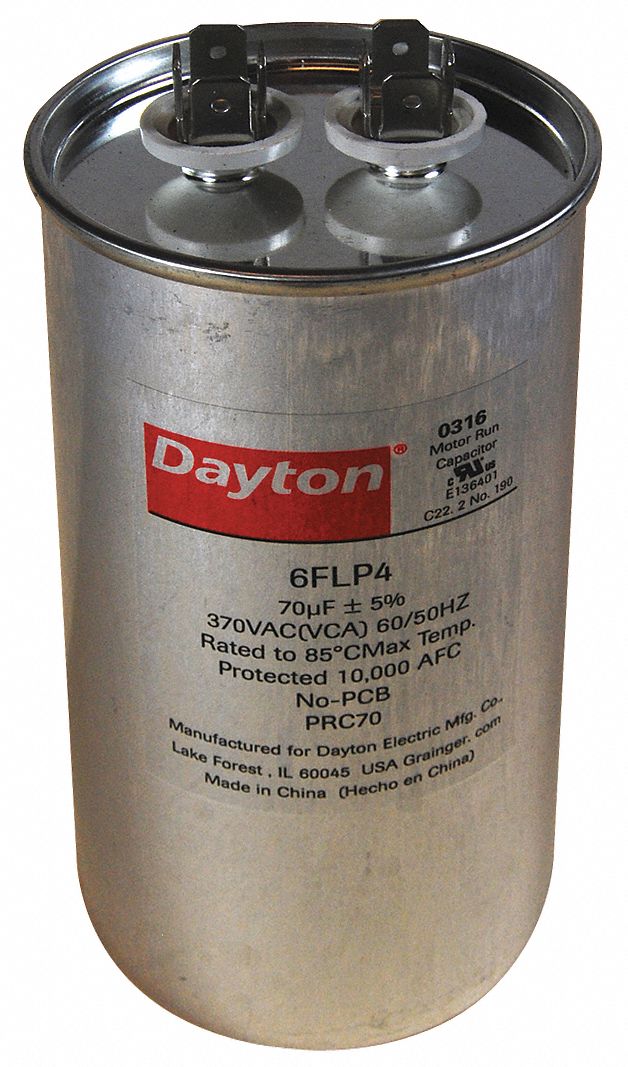 Dayton Round Motor Run Capacitor,70 Microfarad Rating,370VAC Voltage - 6FLP4