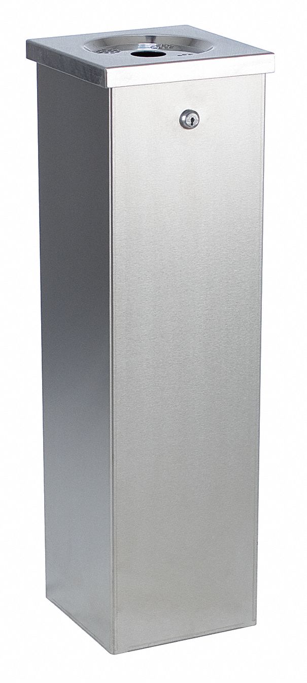 No Butts Bin 1 3/4 gal Cigarette Receptacle, 29 in Height, 8 in Base Dia., Metal, Silver - FLT01
