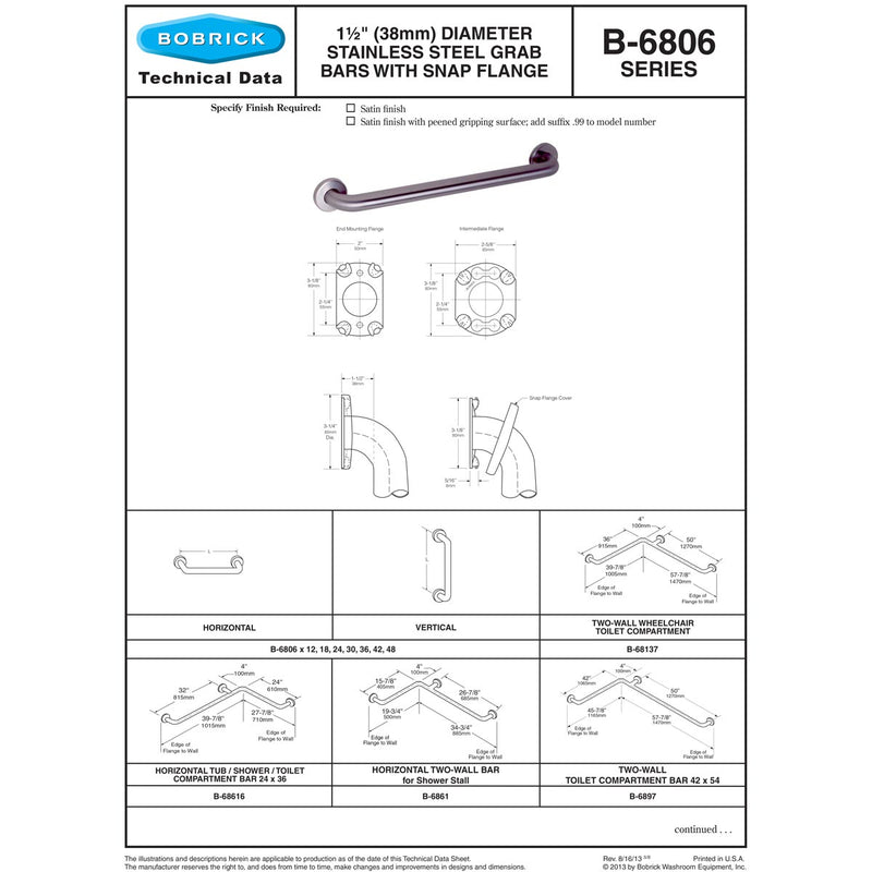 Bobrick B-6806x18 (18 x 1.5) Concealed Mounting W/ Snap Flange Grab Bars