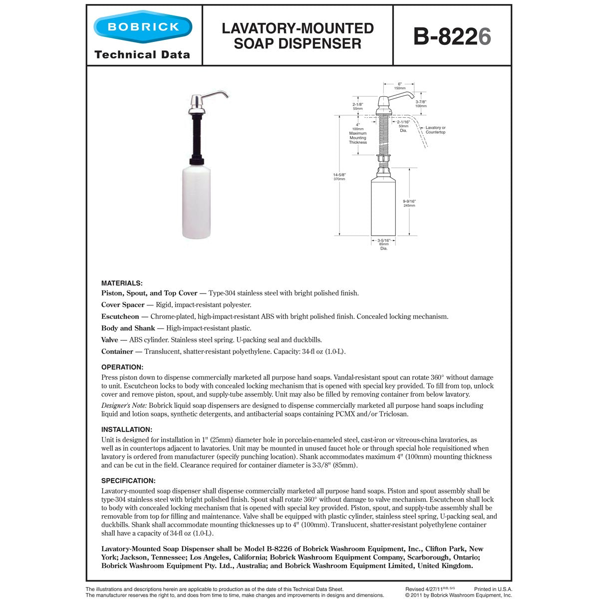 Bobrick B-8226 Counter Mounted Liquid Soap Dispenser, Manual, Drop-In