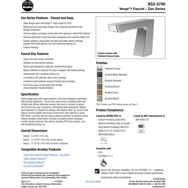 Bradley  - S53-3700-RT5-BS - Touchless Counter Mounted Sensor Faucet, .5 GPM, Brushed Stainless, Zen Series