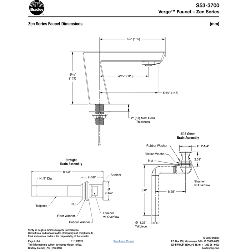 Bradley  - S53-3700-RT5-BS - Touchless Counter Mounted Sensor Faucet, .5 GPM, Brushed Stainless, Zen Series