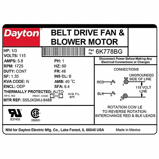 Dayton 1/3 HP Belt Drive Motor, Split-Phase, 1725 Nameplate RPM, 115 Voltage, Frame 48 - 3K384