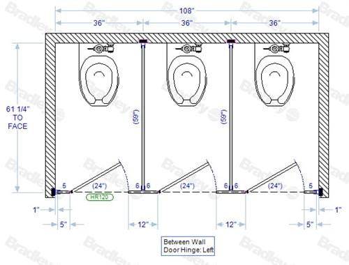 Bradley Toilet Partition, 3 Between Wall Compartments, Phenolic, 108"Wx61 1/4"D, Quick Ship - BW33660-PBC