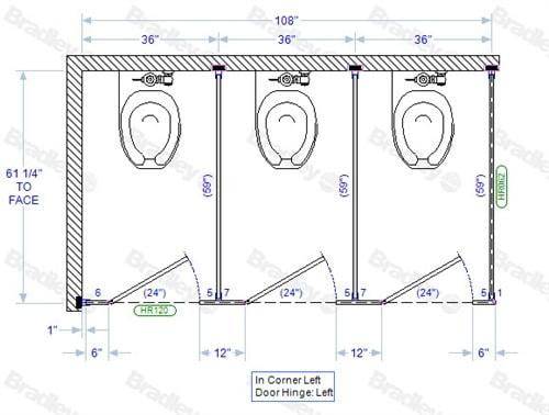 Bradley Toilet Partition, 3 In Corner Compartments, Phenolic, 108"W x 61 1/4"D, Quick Ship - IC33660-PBC
