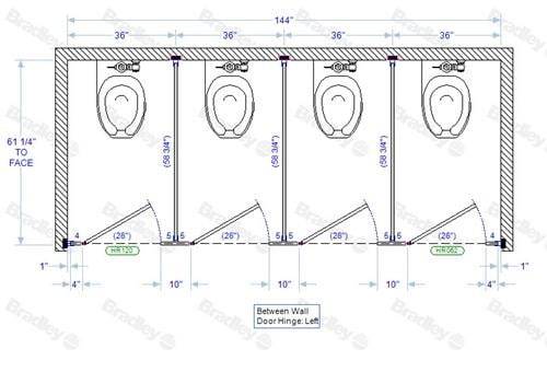 Bradley Toilet Partition, 4 Between Wall Compartments, Plastic, 144"Wx61-1/4"D, Quick Ship - BW43660-PL