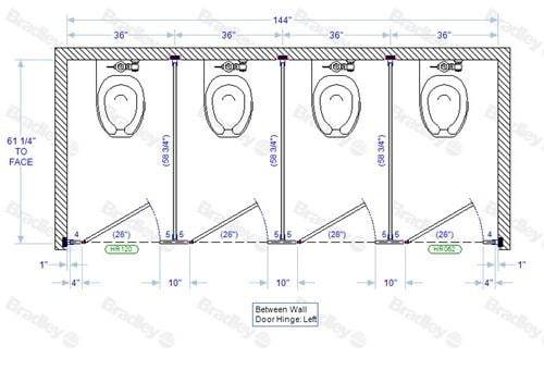 Bradley Toilet Partition, 4 Between Wall Compartments, Plastic, 144