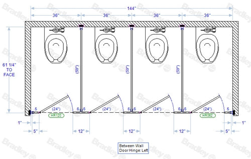 Bradley Toilet Partition, 4 Between Wall Compartments, Phenolic, 144"Wx61 1/4"D, Quick Ship - BW43660-PBC