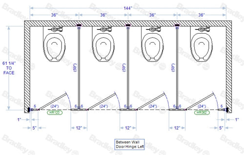 Bradley Toilet Partition, 4 Between Wall Compartments, Phenolic, 144