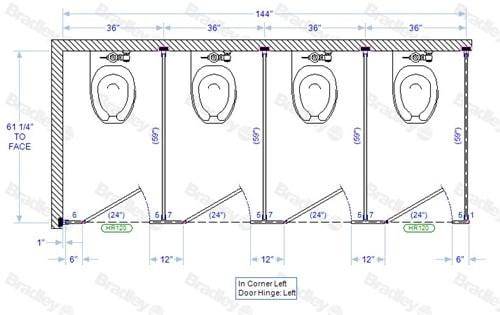 Bradley Toilet Partition, 4 In Corner Compartments, Phenolic, 144"W x 61 1/4"D, Quick Ship - IC43660-PBC