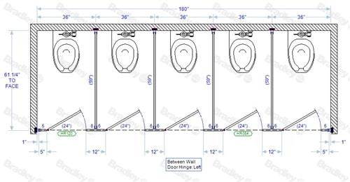 Bradley Toilet Partition, 5 Between Wall Compartments, Phenolic, 180"Wx61 1/4"D, Quick Ship - BW53660-PBC