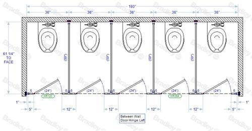 Bradley Toilet Partition, 5 Between Wall Compartments, Phenolic, 180