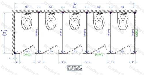Bradley Toilet Partition, 5 In Corner Compartments, Plastic, 180"W x 61-1/4"D, Quick Ship - IC53660-PL