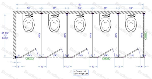 Bradley Toilet Partition, 5 In Corner Compartments, Phenolic, 180