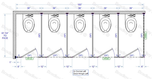 Bradley Toilet Partition, 5 In Corner Compartments, Phenolic, 180"W x 61 1/4"D, Quick Ship - IC53660-PBC