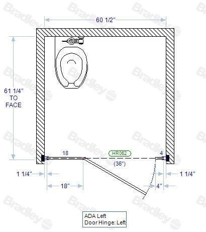 Bradley Toilet Partition, 1 ADA Between Wall Compartment, Plastic, 60"W x 61-1/4"D, Quick Ship - BWADA-PL