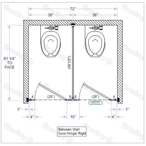 Bradley Toilet Partition, 2 Between Wall Compartments, Stainless Steel, 72"W x 61 1/4"D - BW23660