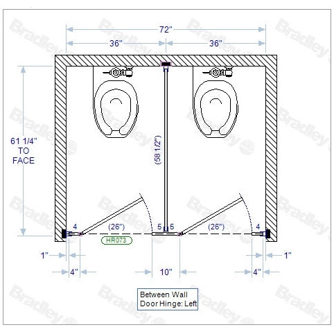 Bradley Toilet Partition, 2 Between Wall Compartments, Stainless Steel, 72"W x 61 1/4"D - BW23660