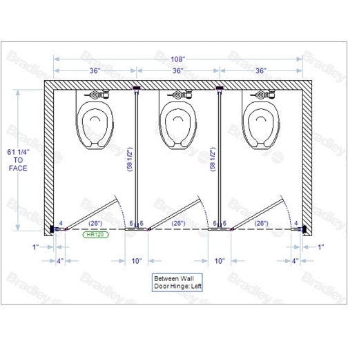 Bradley Toilet Partition, 3 Between Wall Compartments, Stainless Steel, 108"Wx61 1/4"D - BW33660