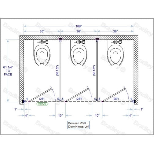 Bradley Toilet Partition, 3 Between Wall Compartments, Stainless Steel, 108