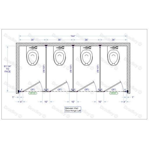 Bradley Toilet Partition, 4 Between Wall Compartments, Stainless Steel, 144"Wx61 1/4"D - BW43660