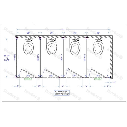 Bradley Toilet Partition, 4 In Corner Compartments, Stainless Steel, 144"W x 61 1/4"D - IC43660