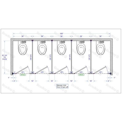 Bradley Toilet Partition, 5 Between Wall Compartments, Stainless Steel, 180"Wx61 1/4"D - BW53660