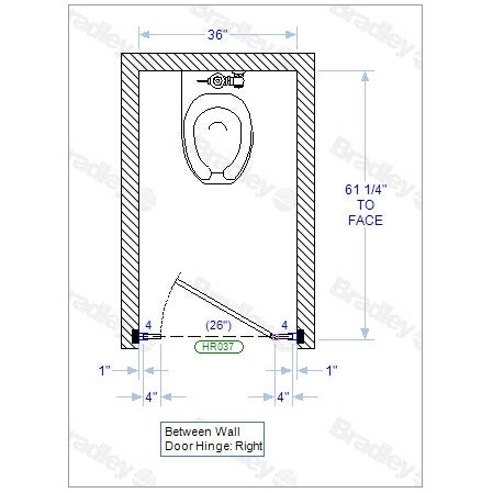 Bradley Toilet Partition, 1 Between Wall Compartment, Stainless Steel, 36"W x 61 1/4"D - BW13660