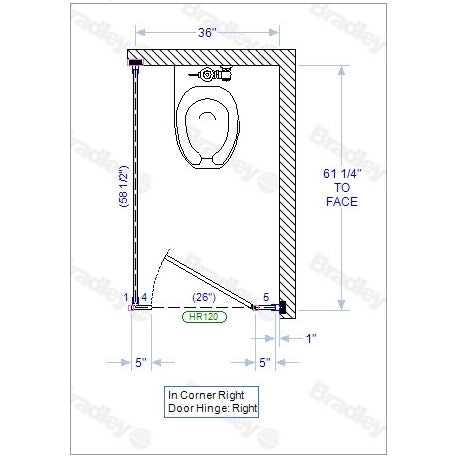 Bradley Toilet Partition, 1 In Corner Compartment, Stainless Steel, 36"W x 61 1/4"D - IC13660