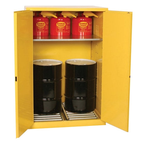 Eagle 90 Gal. 2-30 Gal Vertical Drum Safety Storage Cabinet, w/ 2-Dr Manual 2-30 Gal Vertical Drums, 1-shelf,  Model: HAZ1992