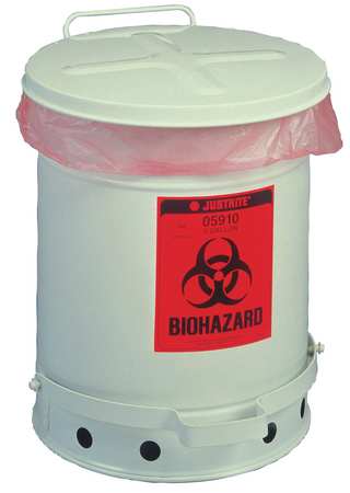 Justrite Can, Biohazard, 10 Gal, White - 5930
