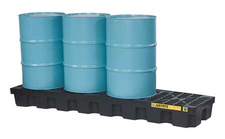 Justrite Spill Pallet, 4 Drum In Line, Drain, Black - 28633