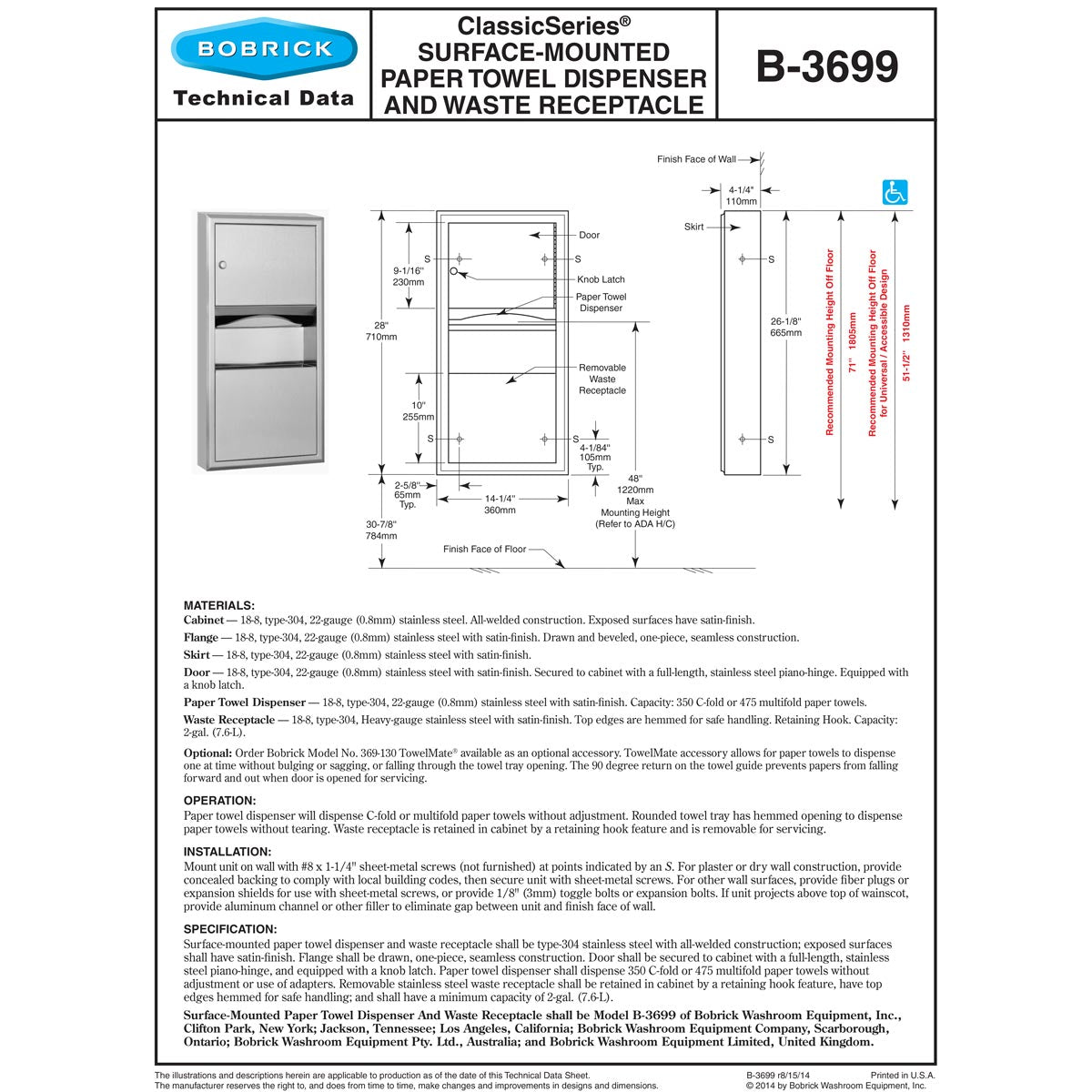 Bobrick B-3699 Surface-Mounted Paper Towel Dispenser/Waste Receptacle