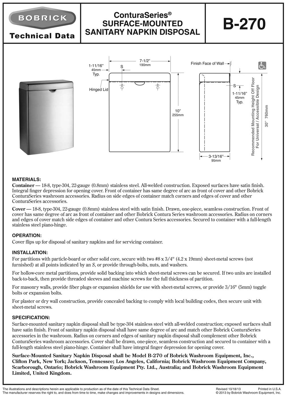 Bobrick B-270 Surface-Mounted Sanitary Napkin Tampon Disposal