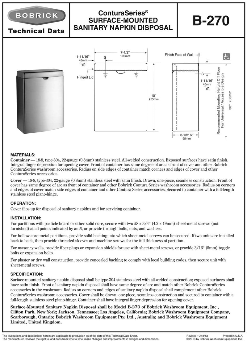 Bobrick B-270 Surface-Mounted Sanitary Napkin Tampon Disposal