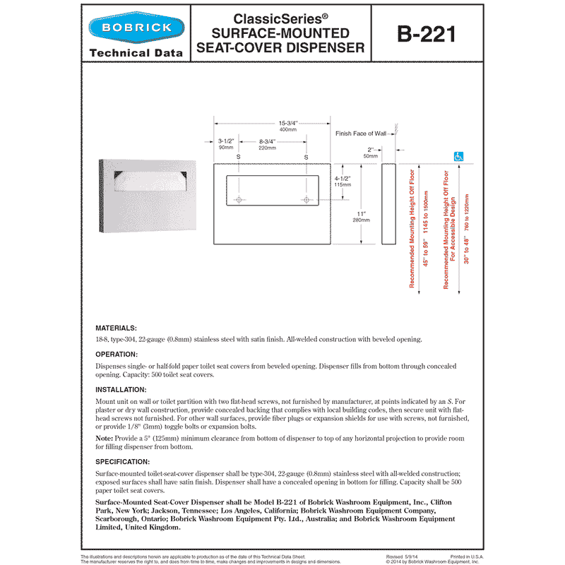 Bobrick B-221 Stainless Steel Commercial Toilet Seat-Cover Dispenser