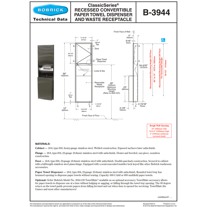 Bobrick B-3944 Recessed Paper Towel Dispenser/Waste Receptacle