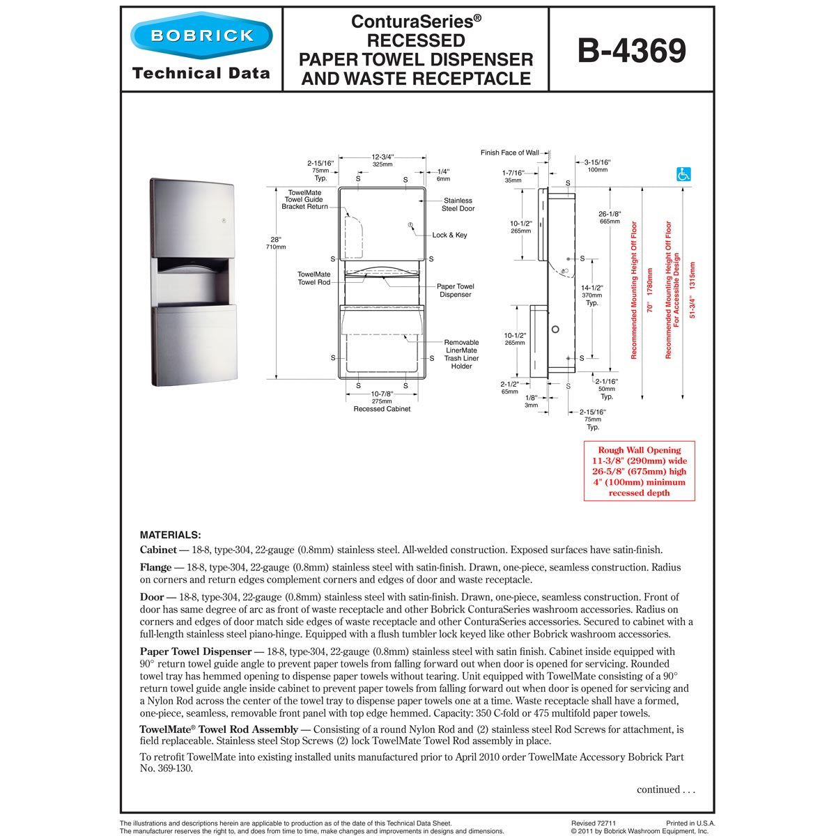 Bobrick B-4369 Recessed Paper Towel Dispenser/Waste Receptacle