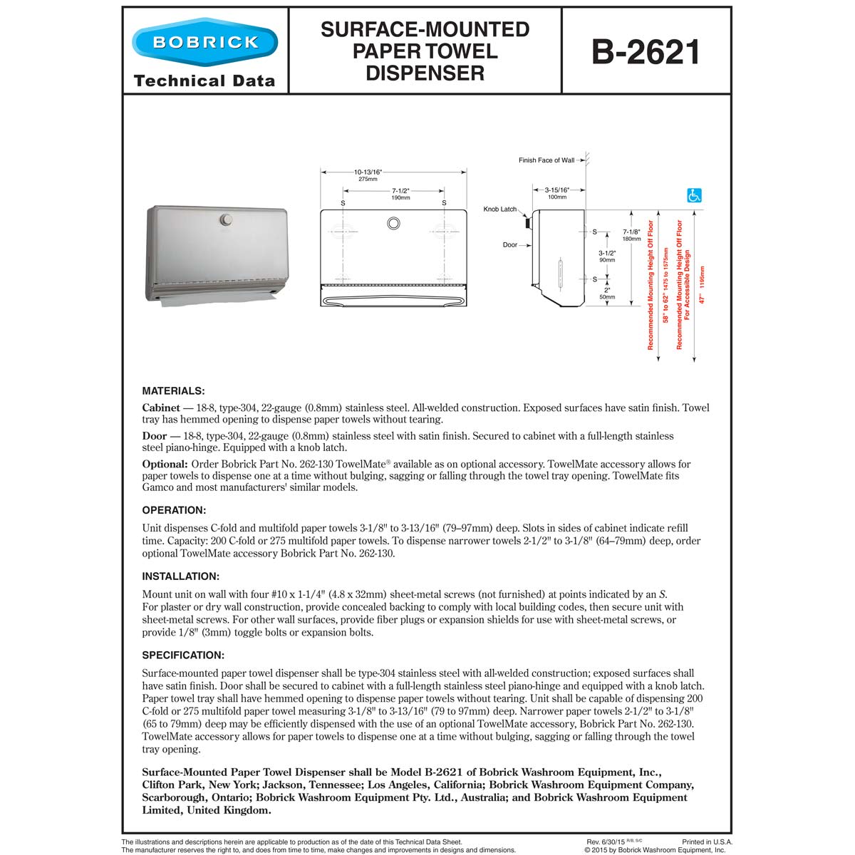 Bobrick B-2621 Classic Series Wall-Mount Paper Towel Dispenser, C-Fold