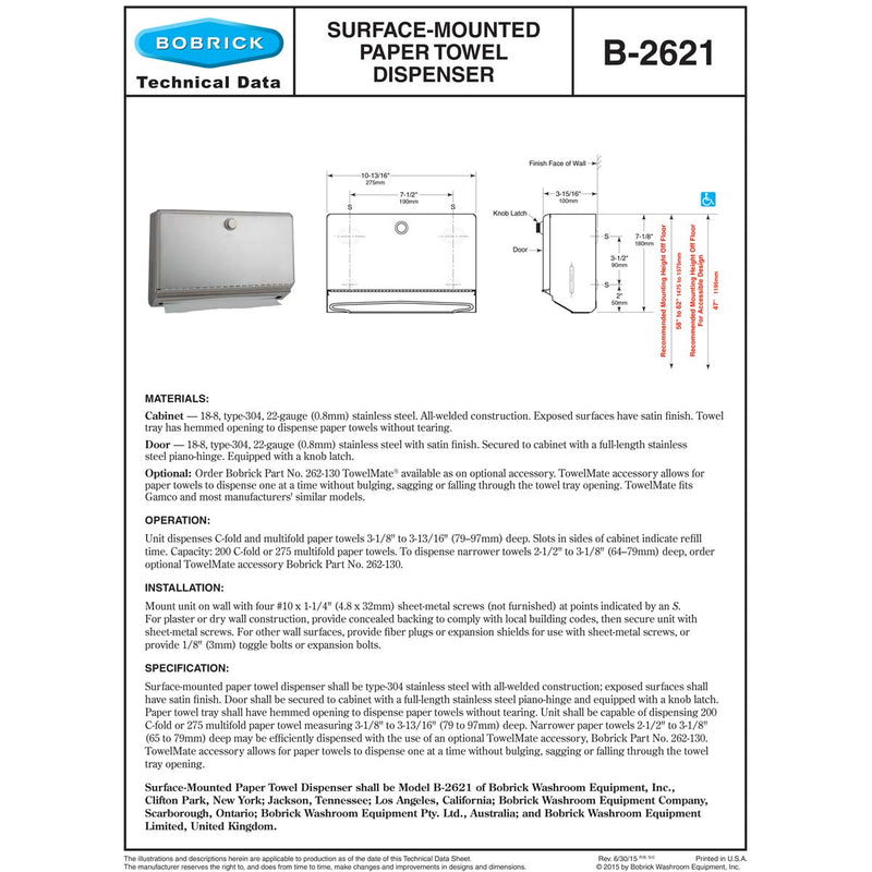 Bobrick B-2621 Classic Series Wall-Mount Paper Towel Dispenser, C-Fold