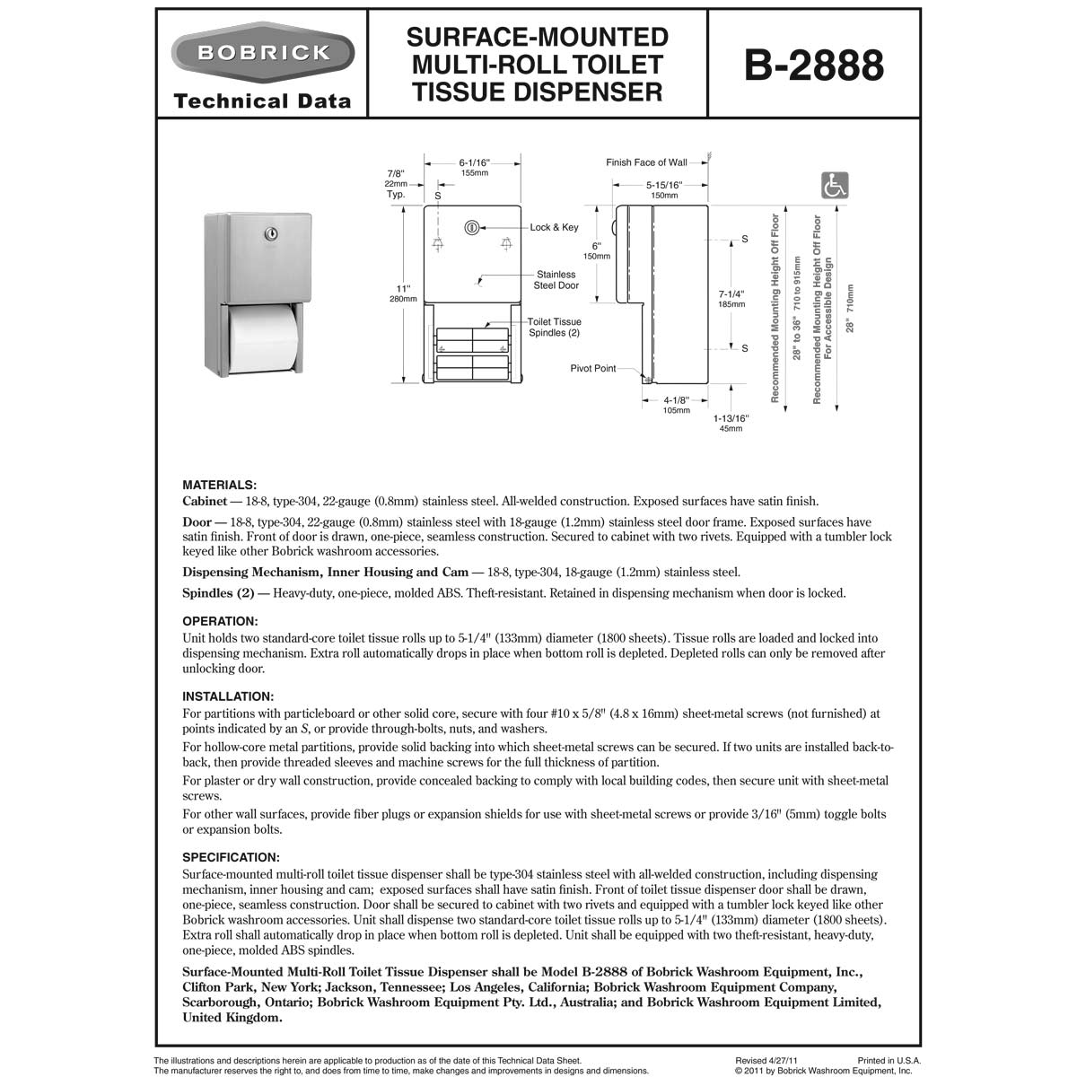 Bobrick B-2888 Toilet Tissue Dispenser, Multi-Roll, Stainless Steel