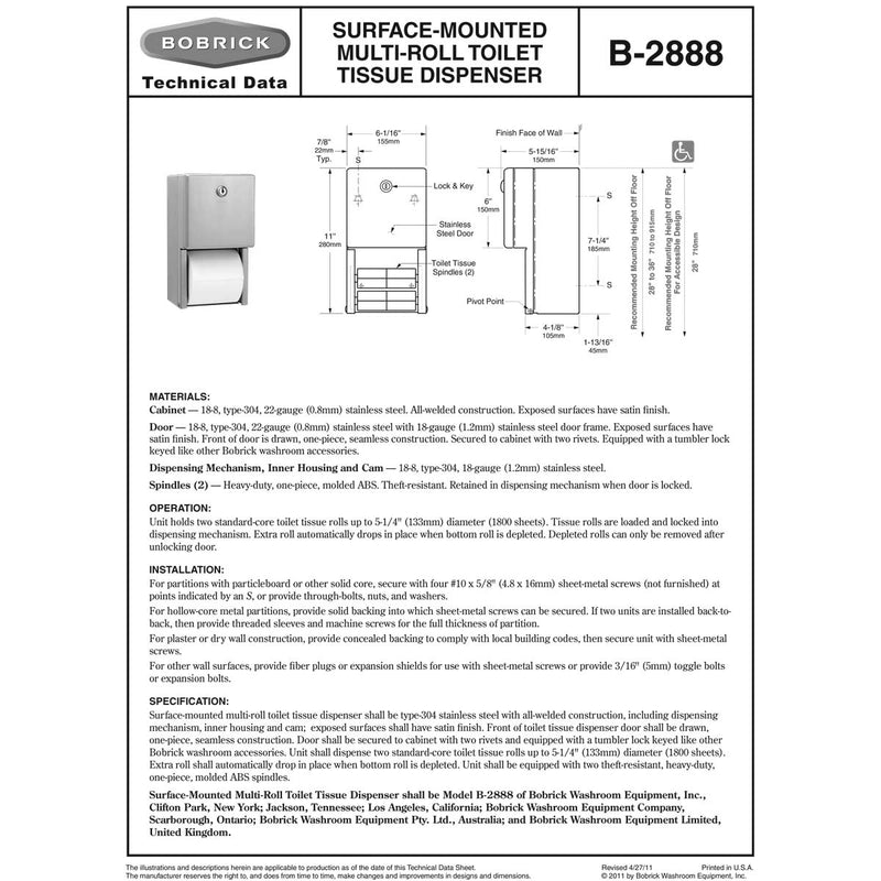 Bobrick B-2888 Toilet Tissue Dispenser, Multi-Roll, Stainless Steel