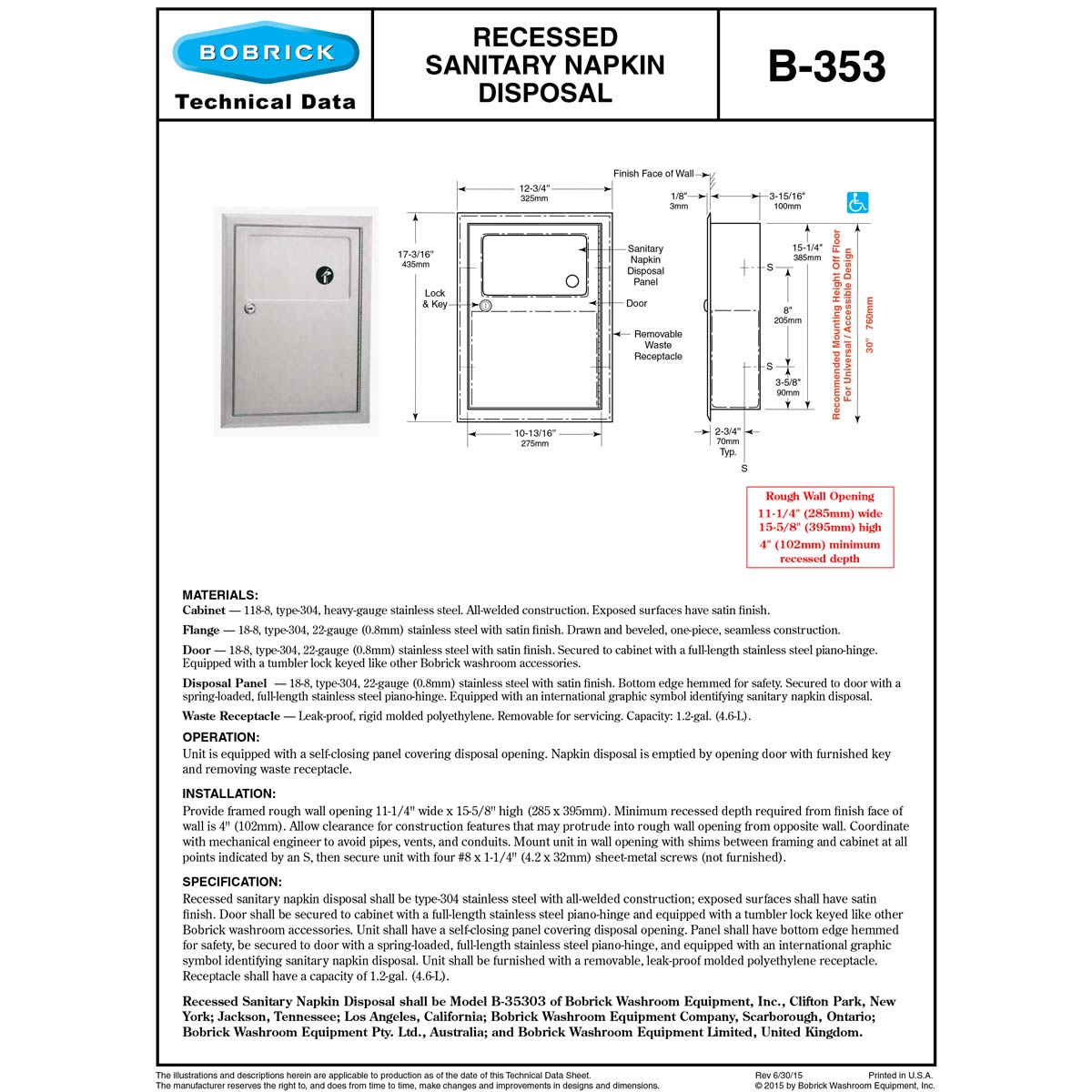 Bobrick B-353 Recessed Sanitary Napkin Tampon Waste Receptacle