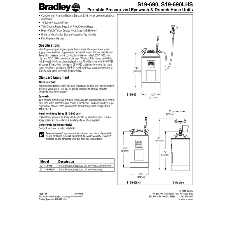 Bradley S19-690 Portable 10 Gallon Tank W/Eyewash And Drench Hose Station