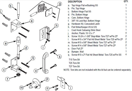 Bradley Toilet Partition Door Hardware Kit, Flat Hinge, HDWT-ZD2-FSH