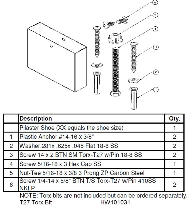 Floor Mounted Over Head Braced Pilaster Shoe and Mounting Kit - 24"  - HDWT-S0526-24