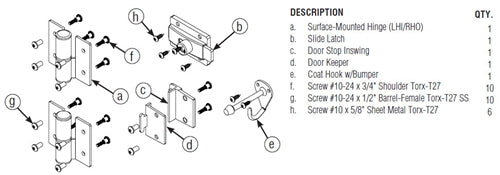 Bradley Toilet Partition Door Hardware Kit, Left Hinge, Inswing, SD1-LH