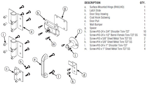 Restroom Stall Stainless Steel Door Hardware Kit, Left Hinge, Out Swing, SD2-LH